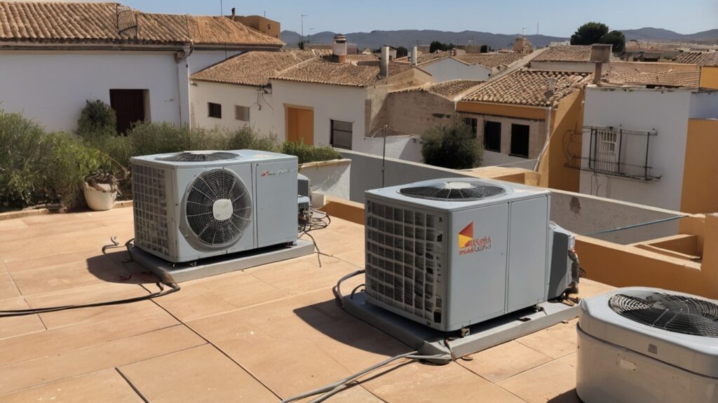 Equipos HVAC instalados en azoteas de edificios – riesgos laborales en altura y mantenimiento seguro en climatización.