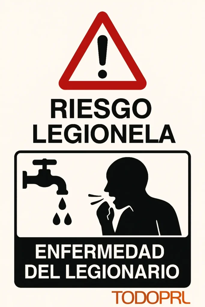 Cartel de advertencia riesgo de Legionela en instalaciones con posibilidad de exposición a aerosoles contaminados