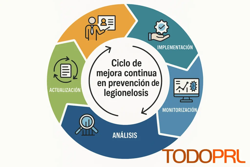 Infografía circular que representa el proceso continuo de mejora en la prevención de la legionelosis laboral: formación, implementación, monitorización, análisis y actualización constante de medidas preventivas.