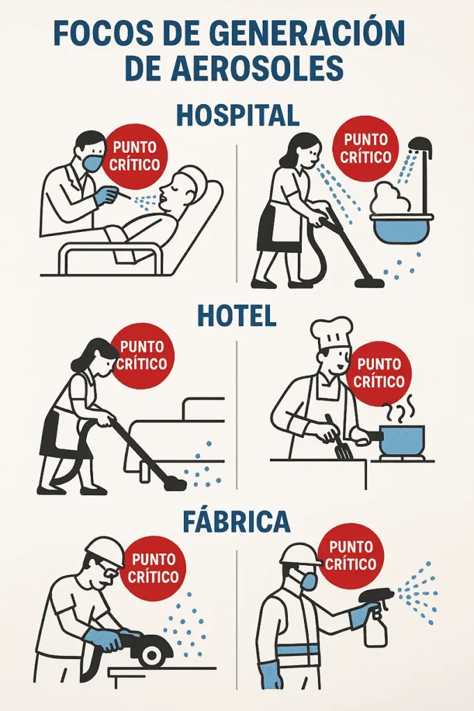 Diagrama de riesgos por aerosolización en entornos laborales como hospitales, hoteles o fábricas, señalando los puntos críticos de exposición a Legionella para los trabajadores.