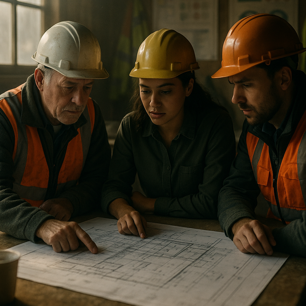 Miembros del Comité de Seguridad y Salud en plena función de supervisión de la prevención de riesgos laborales en un centro de trabajo.