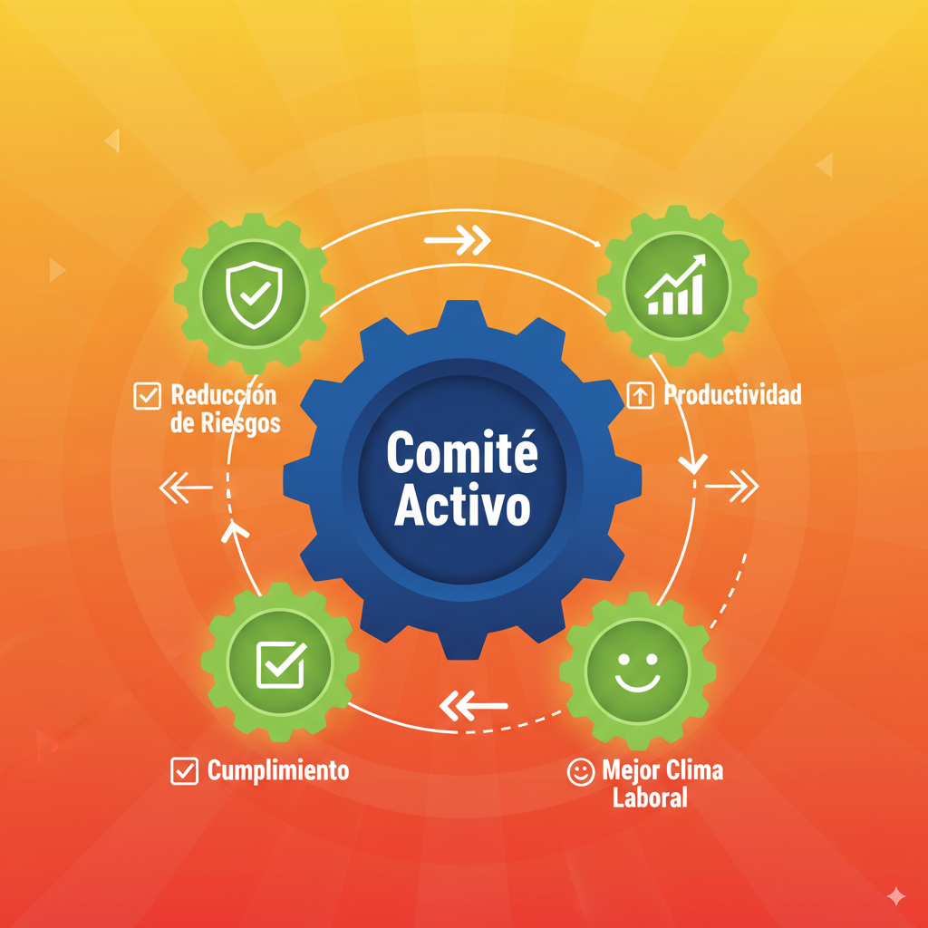 Infografía que muestra cómo un Comité de Seguridad y Salud activo impulsa la cultura preventiva, reduciendo accidentes y mejorando la productividad.