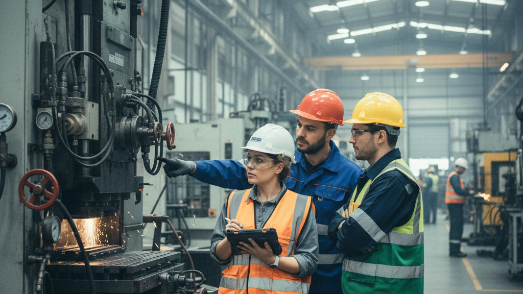 Miembros del Comité de Seguridad y Salud en plena función de supervisión de la prevención de riesgos laborales en un centro de trabajo.