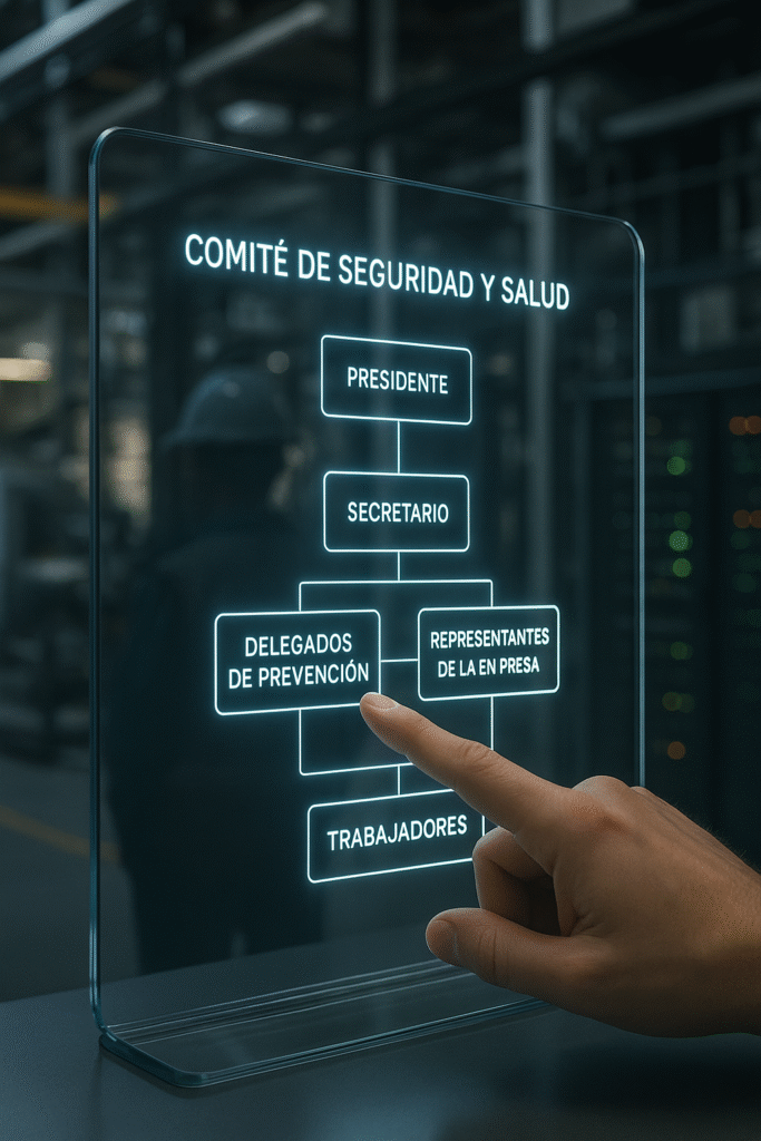 Organigrama sobre quién forma el Comité de Seguridad y Salud, mostrando la composición paritaria entre empresa y delegados de prevención.