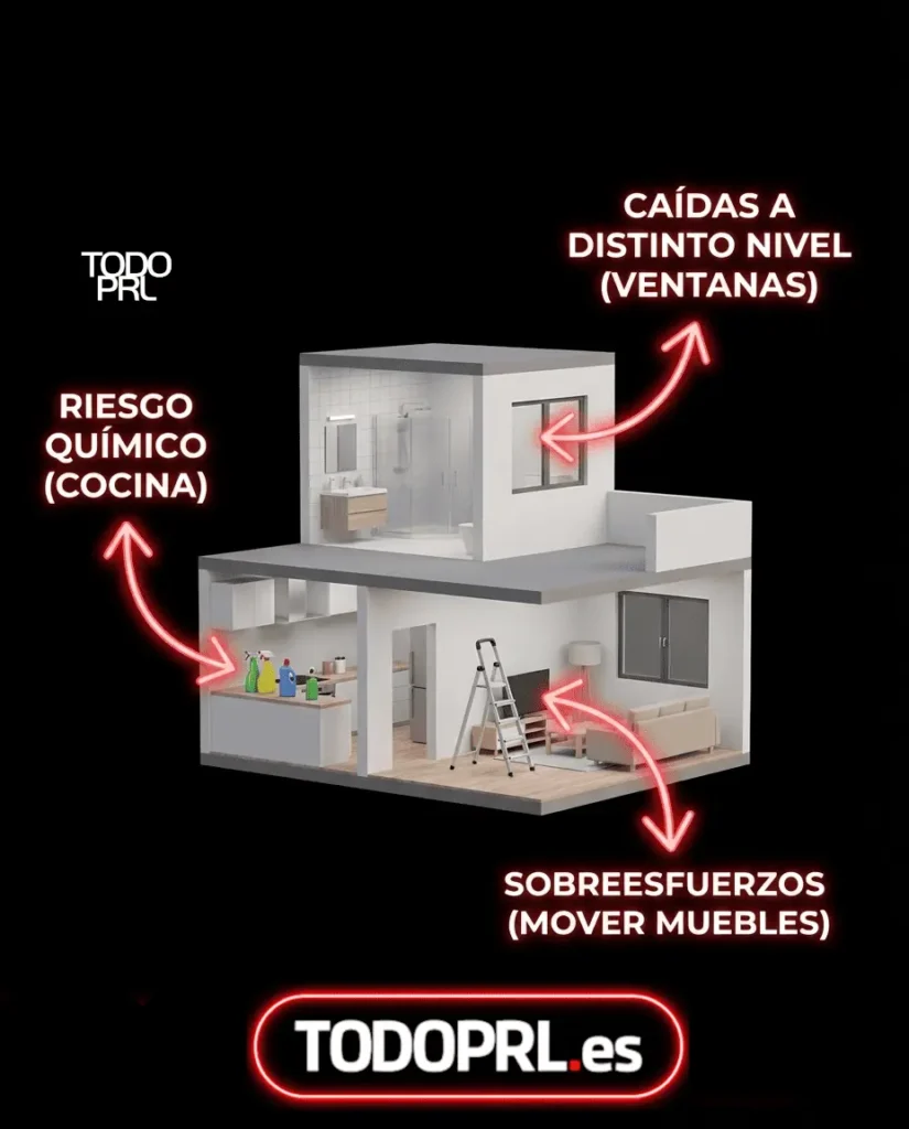 Ilustración gráfica de una casa que muestra la prevención de riesgos en la nueva normativa empleadas de hogar 2026, destacando caídas y químicos.