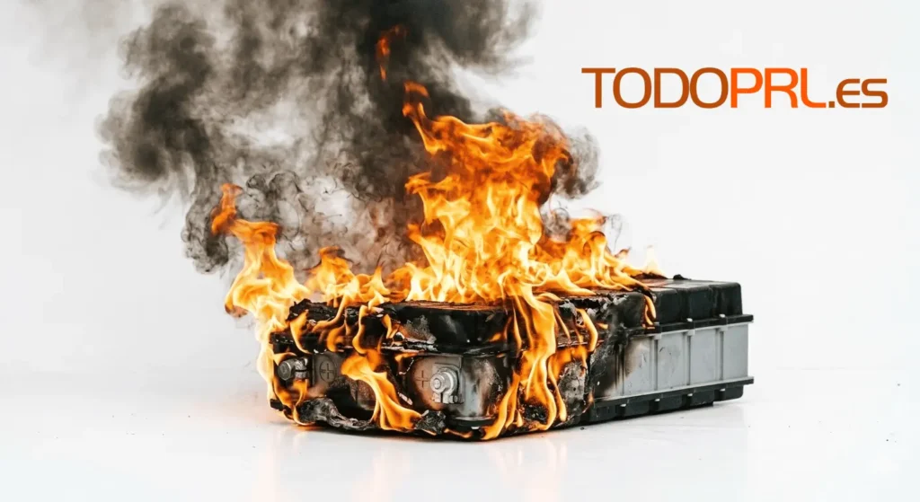 Fotografía de una batería de ion-litio ardiendo con llamas intensas y proyecciones sobre fondo blanco.