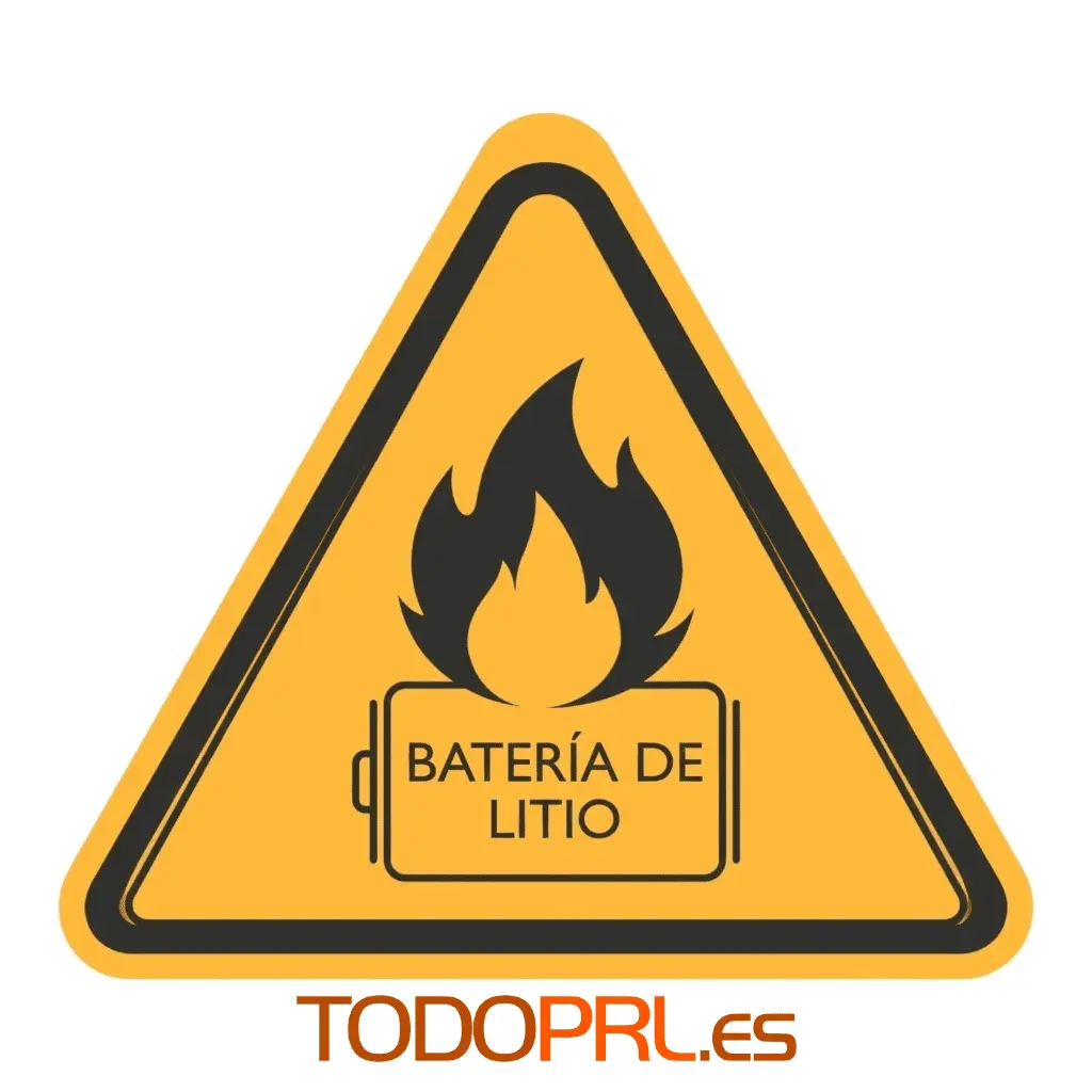 Señal de advertencia triangular con el símbolo de una batería de ion-litio y rayos, indicando peligro de incendio químico.