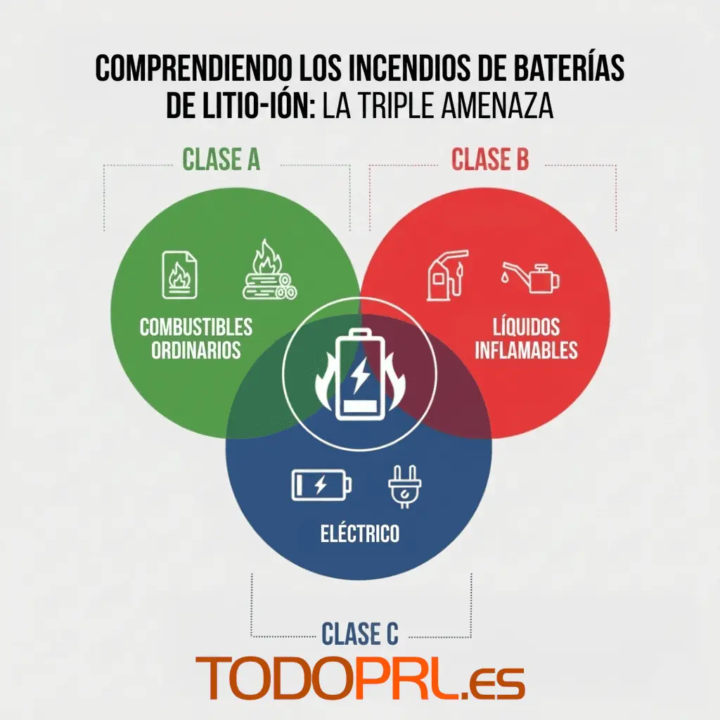 Diagrama de Venn que muestra la intersección de incendios clase A, B y C resultando en un fuego de batería de litio (Tipo L).